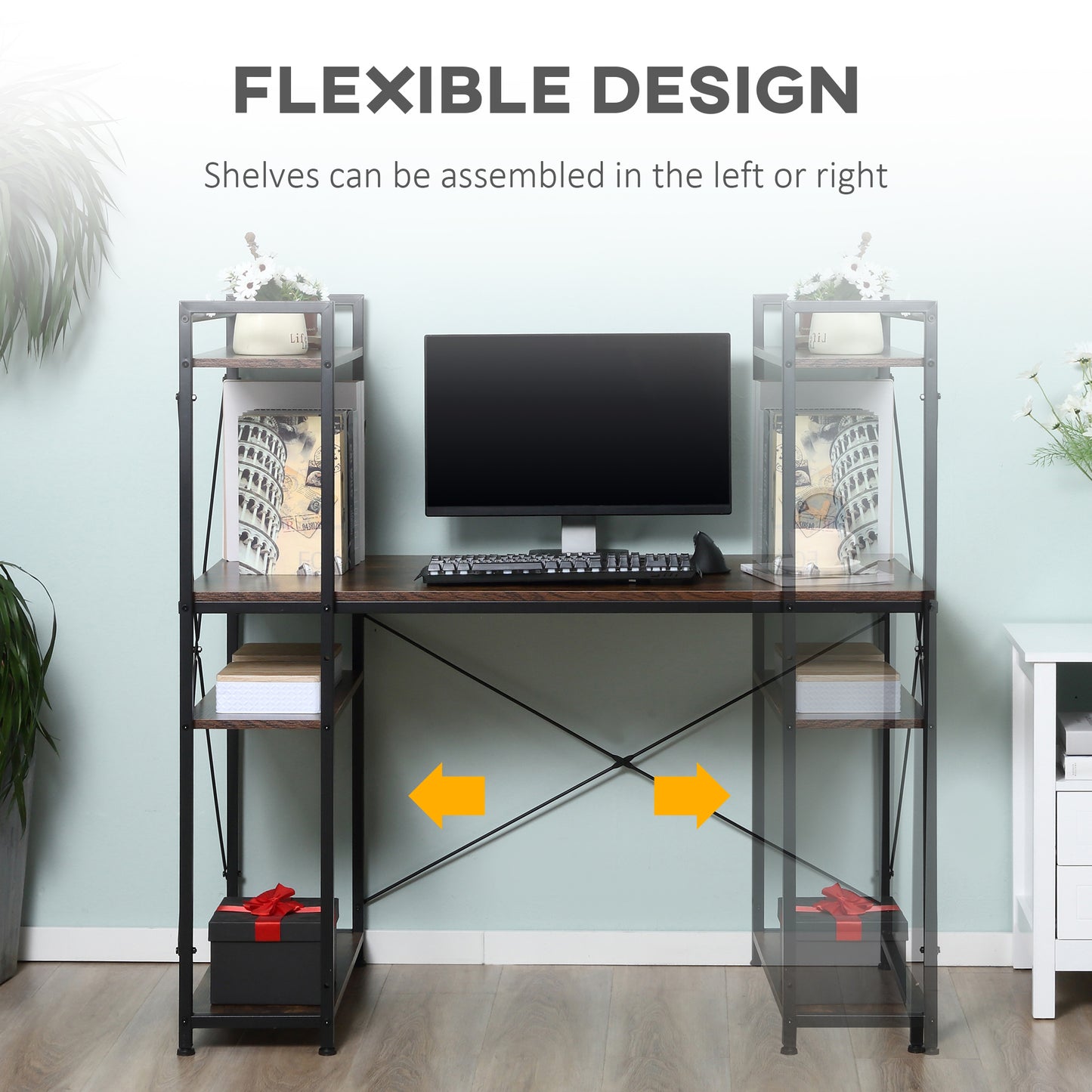 Reversible Computer Desk with Storage Shelves on Left or Right, Industrial Reversible Writing Desk for Home Office, Study, Easy Assembly, 120 x 64 x 121cm, Rustic Brown and Black, HOMCOM, 4