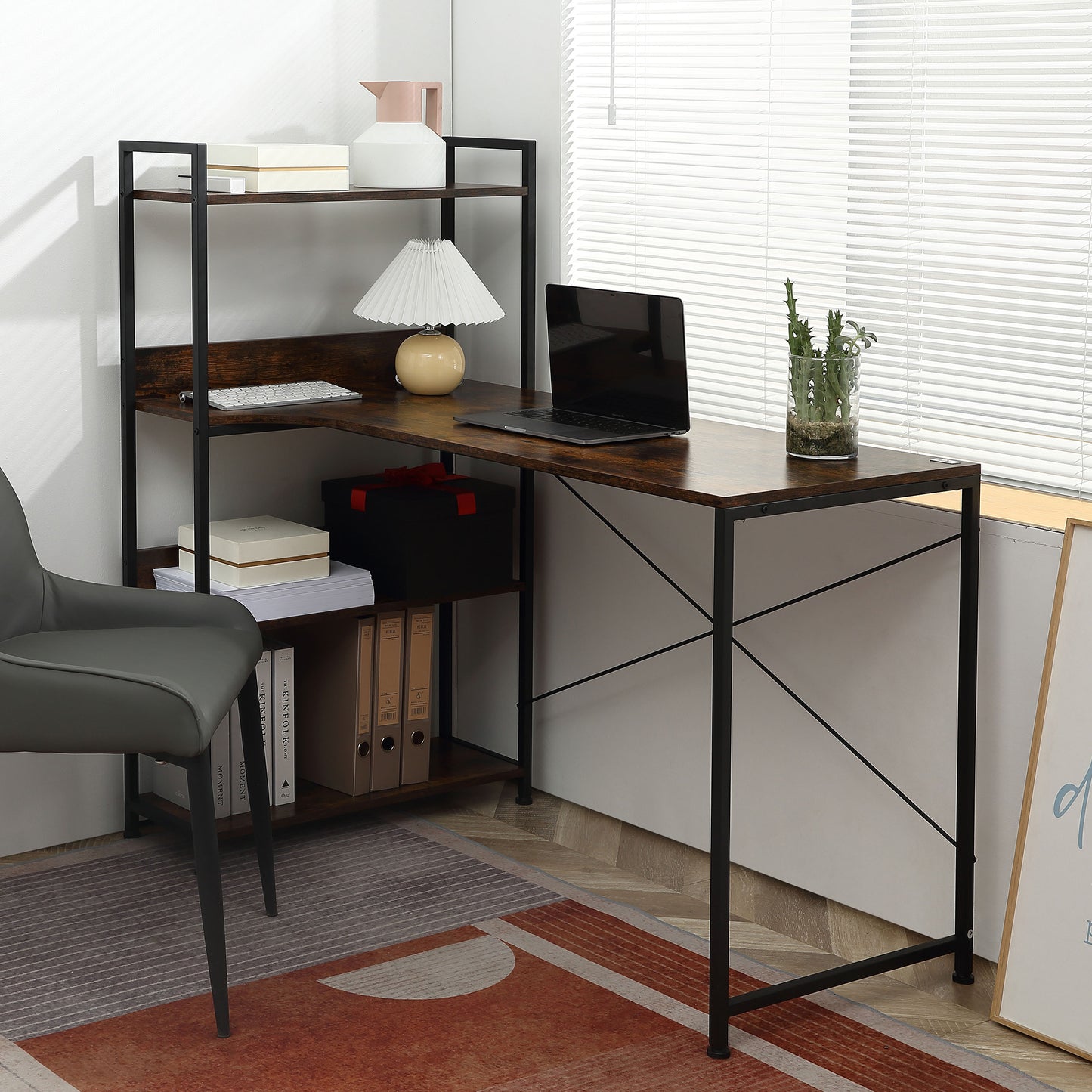 Computer Desk with 4-Tier Storage Shelf, Study Table, Home Office Desk with Bookshelf and Metal Frame, 120 x 70 x 120cm, Brown, HOMCOM, 2