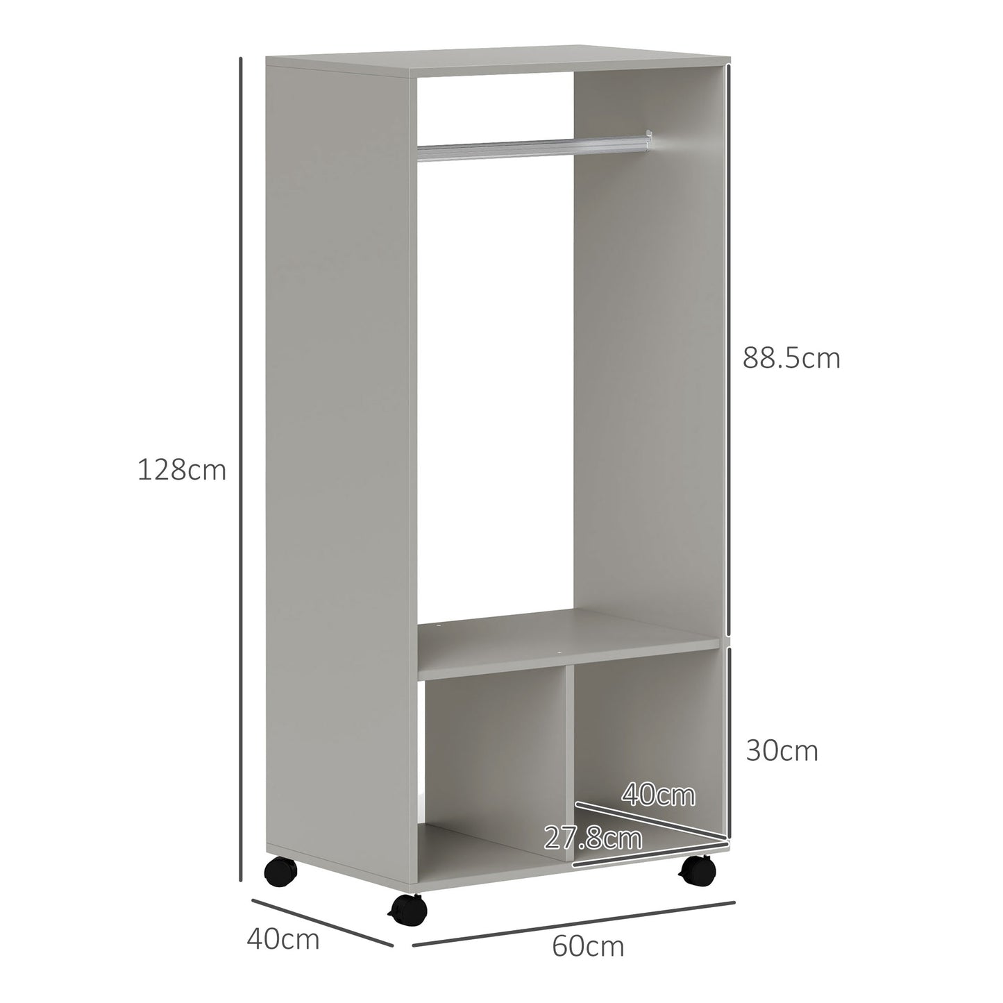 Open Wardrobe for Bedroom, Small Wardrobe on Wheels with Clothes Rail, Storage Shelves, Mobile Garment Rack for Clothes Storage, Cloakroom, Hallway, Grey, HOMCOM, 3