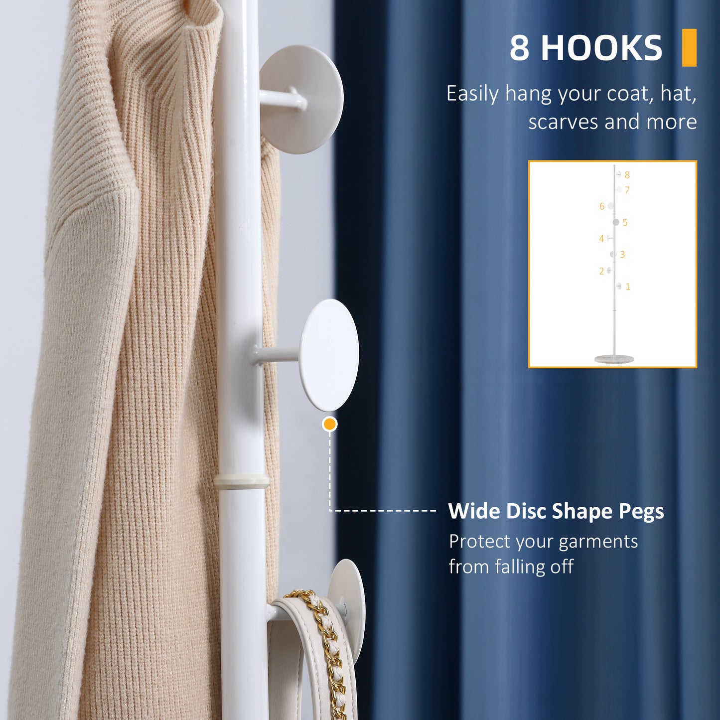 Coat Rack Free Standing Hall Tree with 8 Round Disc Hooks for Clothes, Hats,Purses, Steel Entryway Coat Stand with Marble Base for Entryway, Living Room, Bedroom, White, HOMCOM, 5