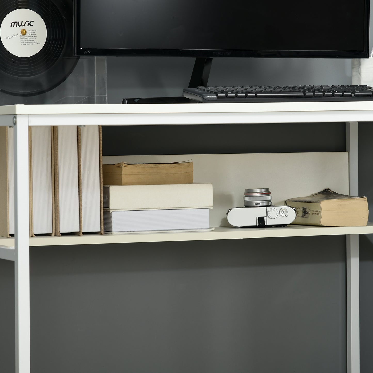 Computer Desk with Storage, 120 x 60cm Home Office Desk with 2 Shelves and Steel Frame, Writing Table for Living Room, Study, White, HOMCOM, 8