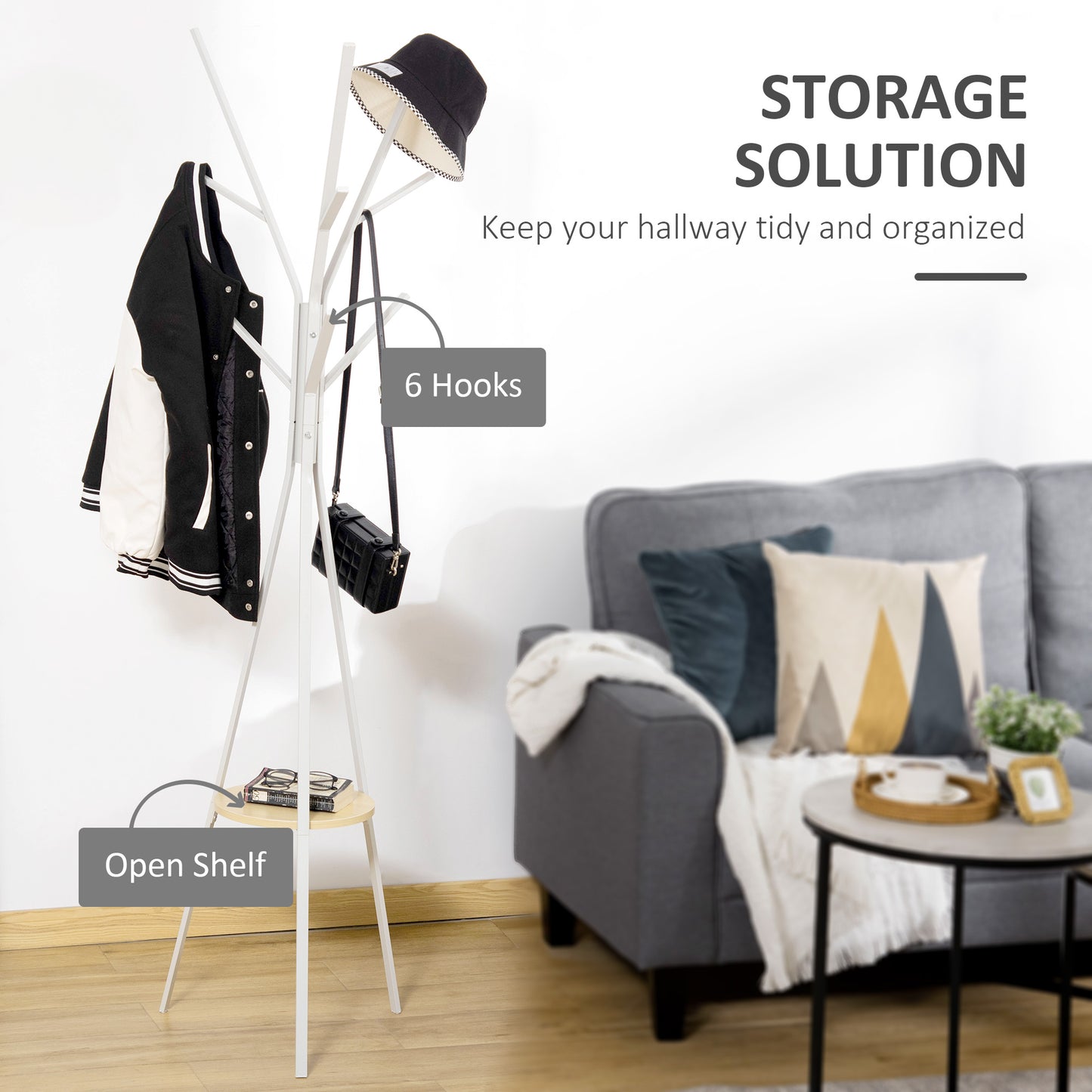 Freestanding Metal Coat Rack Stand 9 Hooks Clothes Tree with 1 Shelf Hat Display Hall Tree Hanger Bag Umbrella Hanging Organiser White, HOMCOM, 4