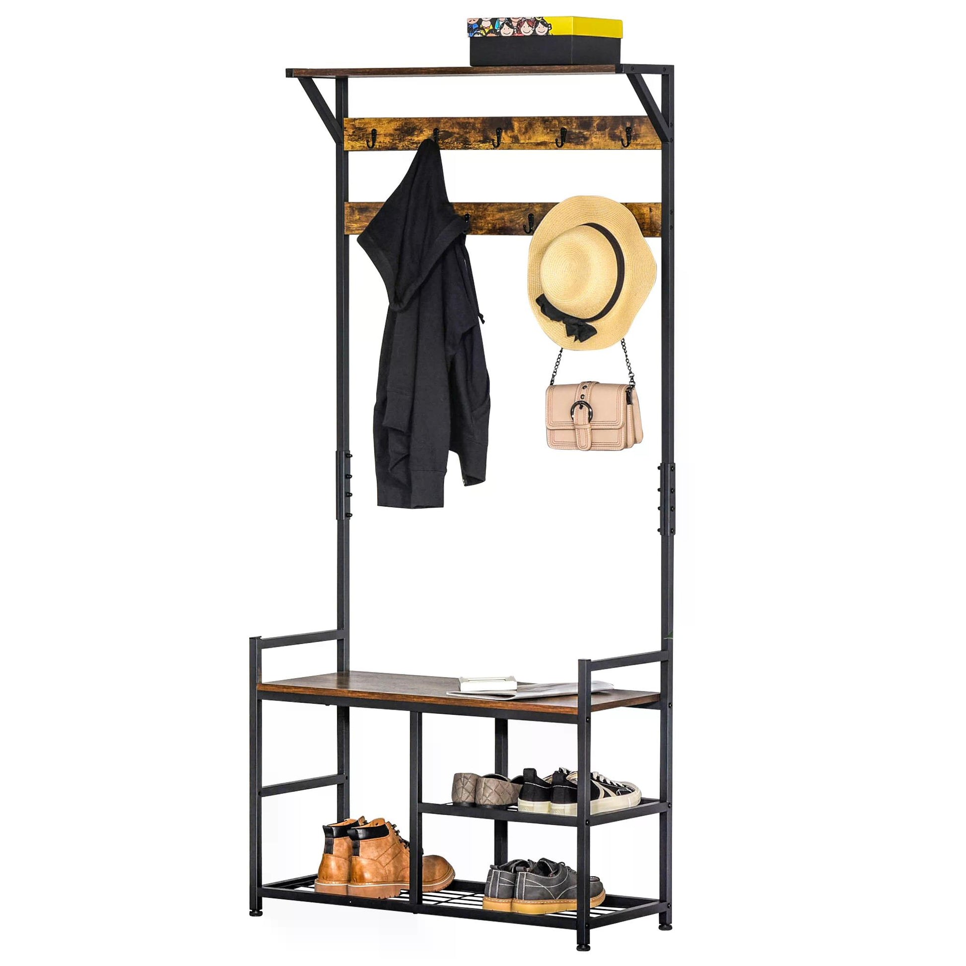 Coat Rack Stand Shoe Storage Bench with 9 Hooks Shelves for Bedroom Living Room Entryway Brown and Black 180cm, HOMCOM, 1