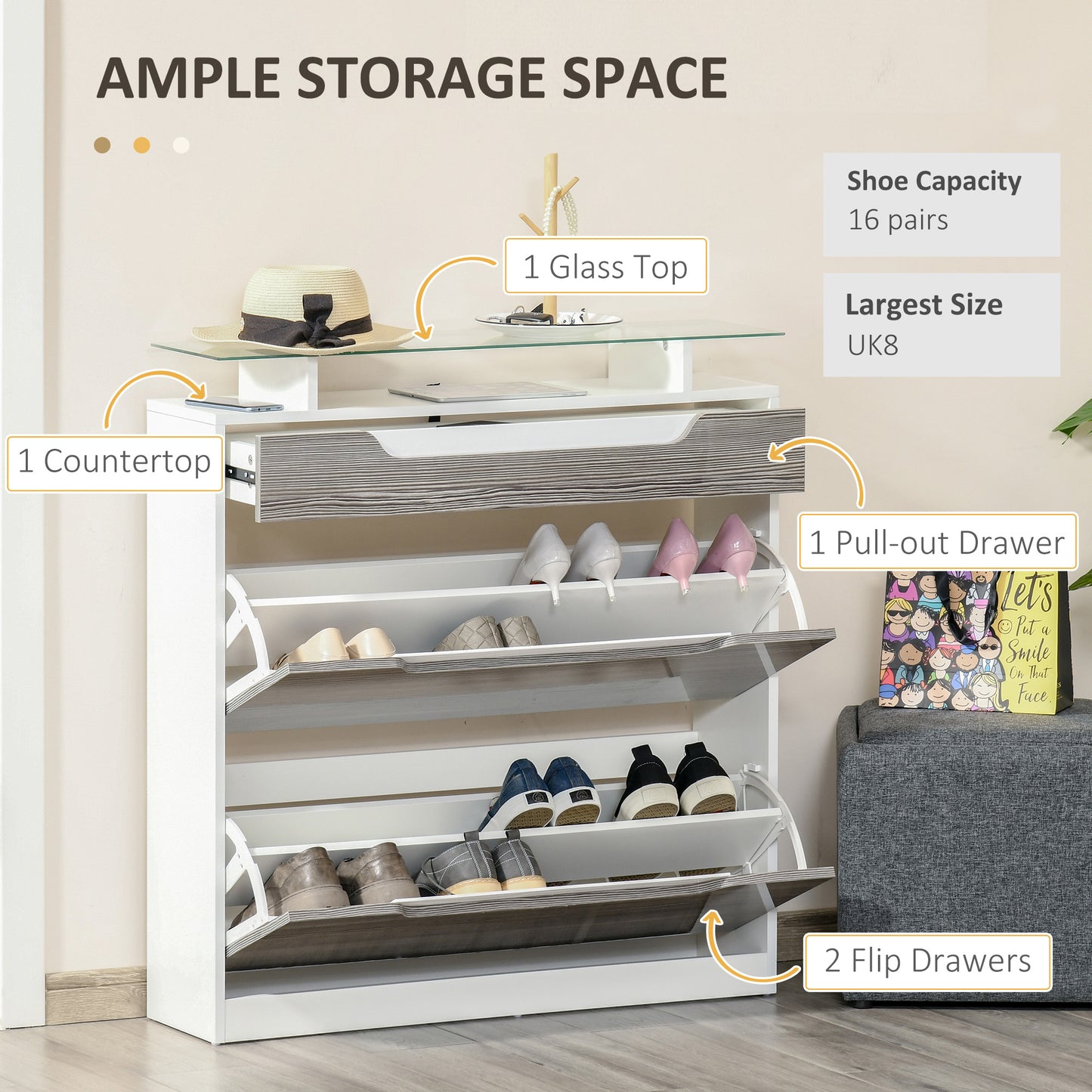 Shoe Storage Cabinet, Shoe Cupboard with Slide Out Drawer, 2 Flip Doors, Tempered Glass Top and Adjustable Shelves for 16 Pairs of Shoes, Grey, HOMCOM, 4