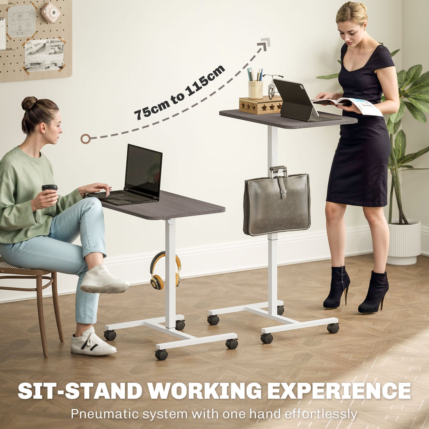 75-115cm Manual Adjustable Sit-To-Stand Desk - White/Grey, HOMCOM, 4