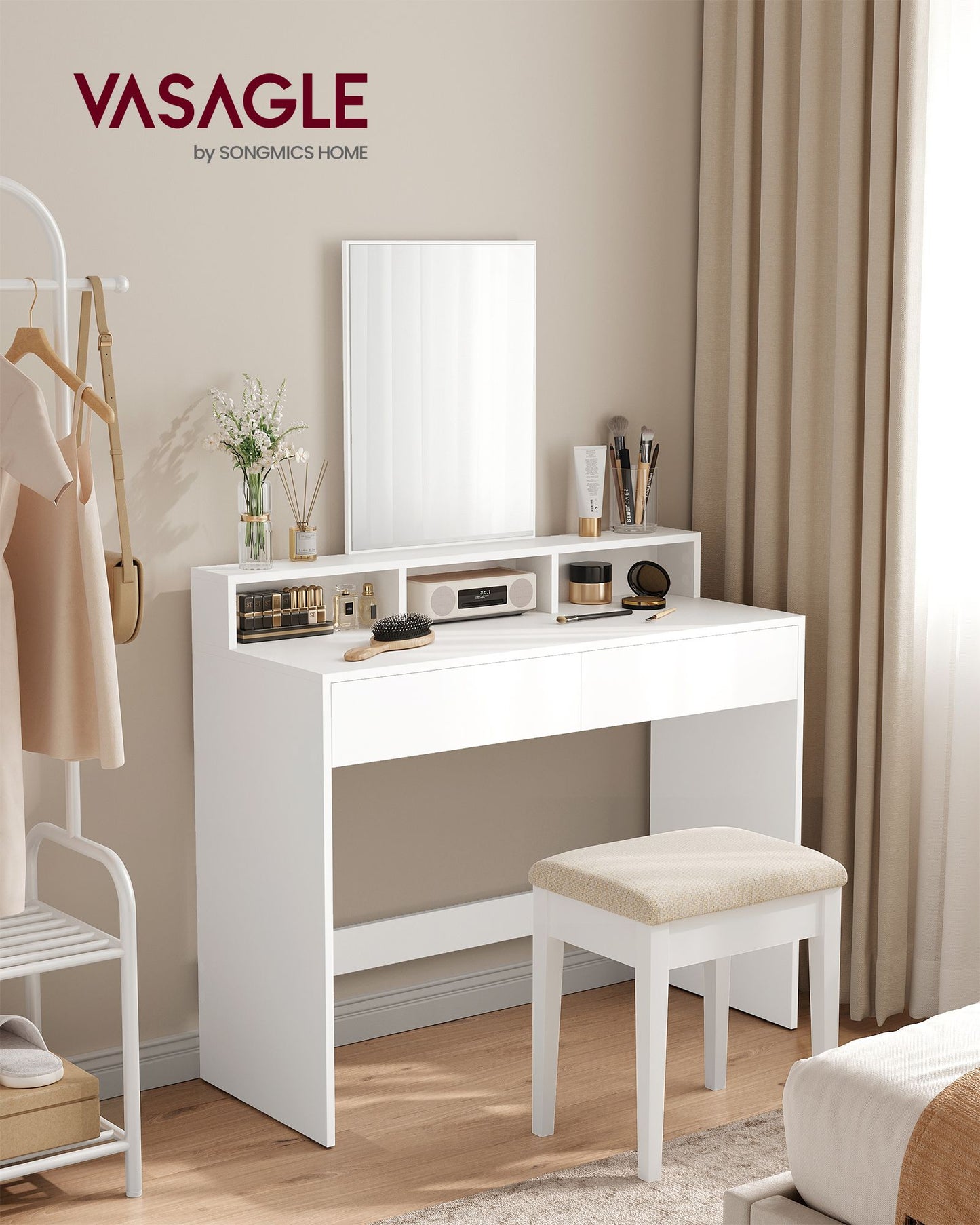 Dressing Table, Large Rectangular Mirror, Vanity Table, Vasagle, 2