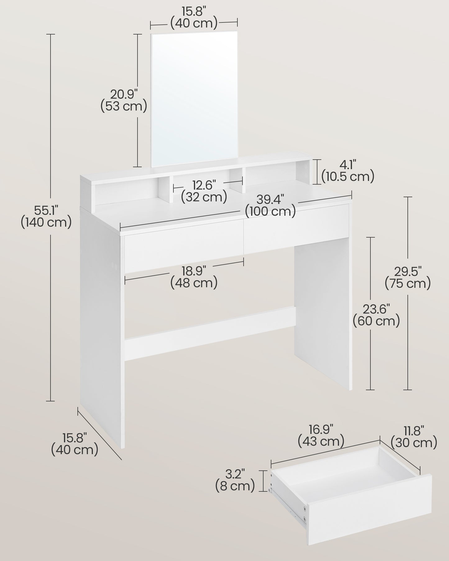 Dressing Table, Large Rectangular Mirror, Vanity Table, Vasagle, 6