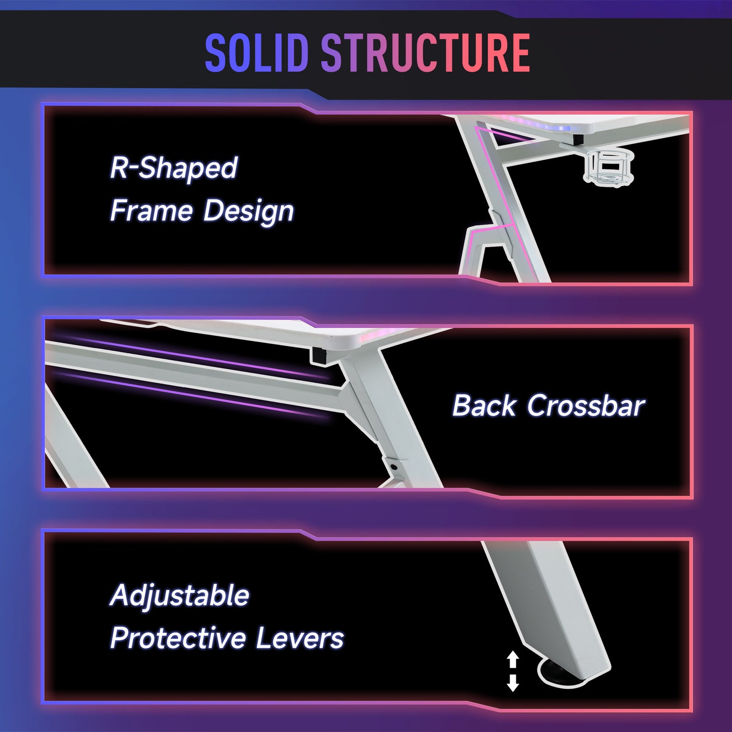 RGB 120 x 66cm Gaming Desk, Computer Table with Carbon Fibre Surface, Headphone Hook, Cup Holder, Controller Rack, Home Office Desk, White, HOMCOM, 5