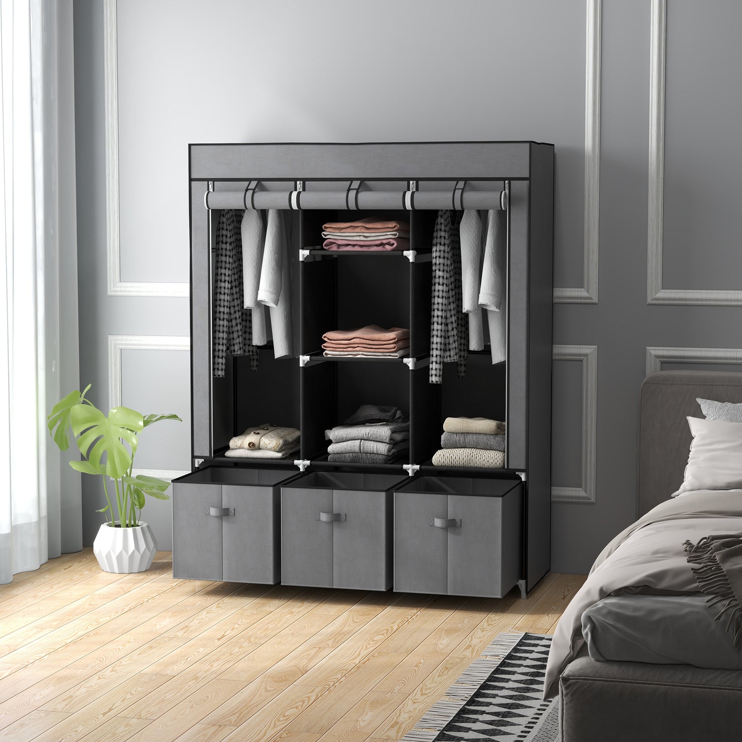 Fabric Wardrobe for Bedroom, Portable Wardrobe with 5 Shelves, 2 Hanging Rails and 3 Fabric Drawers, Foldable Closet, 125 x 43 x 162.5cm, Dark Grey, HOMCOM, 7
