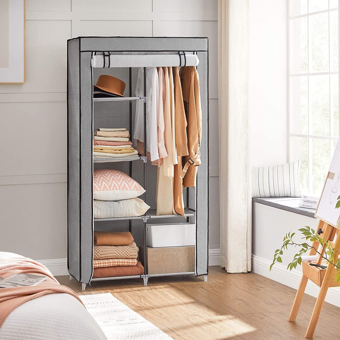 Fabric Wardrobe, Clothes Storage Organiser, 6 Shelves, Grey, 3