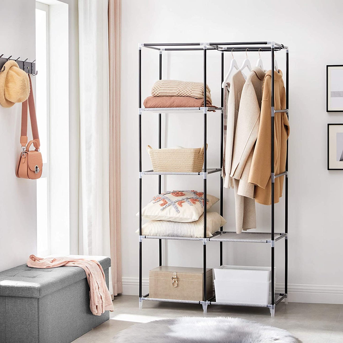 Fabric Wardrobe, Clothes Storage Organiser, 6 Shelves, Grey, 4
