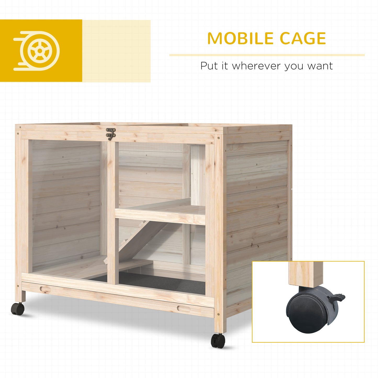 Wooden Rabbit Hutch, Guinea Pigs House, Guinea Pig Cage W/ Pull-out Tray Openable Roof Wheels 91.5 x 53.3 x 73 cm, Pawhut, 6