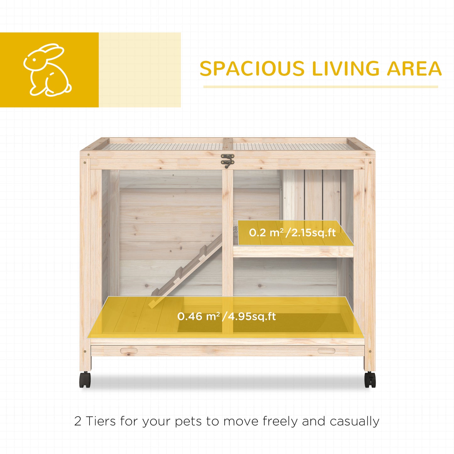 Wooden Rabbit Hutch, Guinea Pigs House, Guinea Pig Cage W/ Pull-out Tray Openable Roof Wheels 91.5 x 53.3 x 73 cm, Pawhut, 4