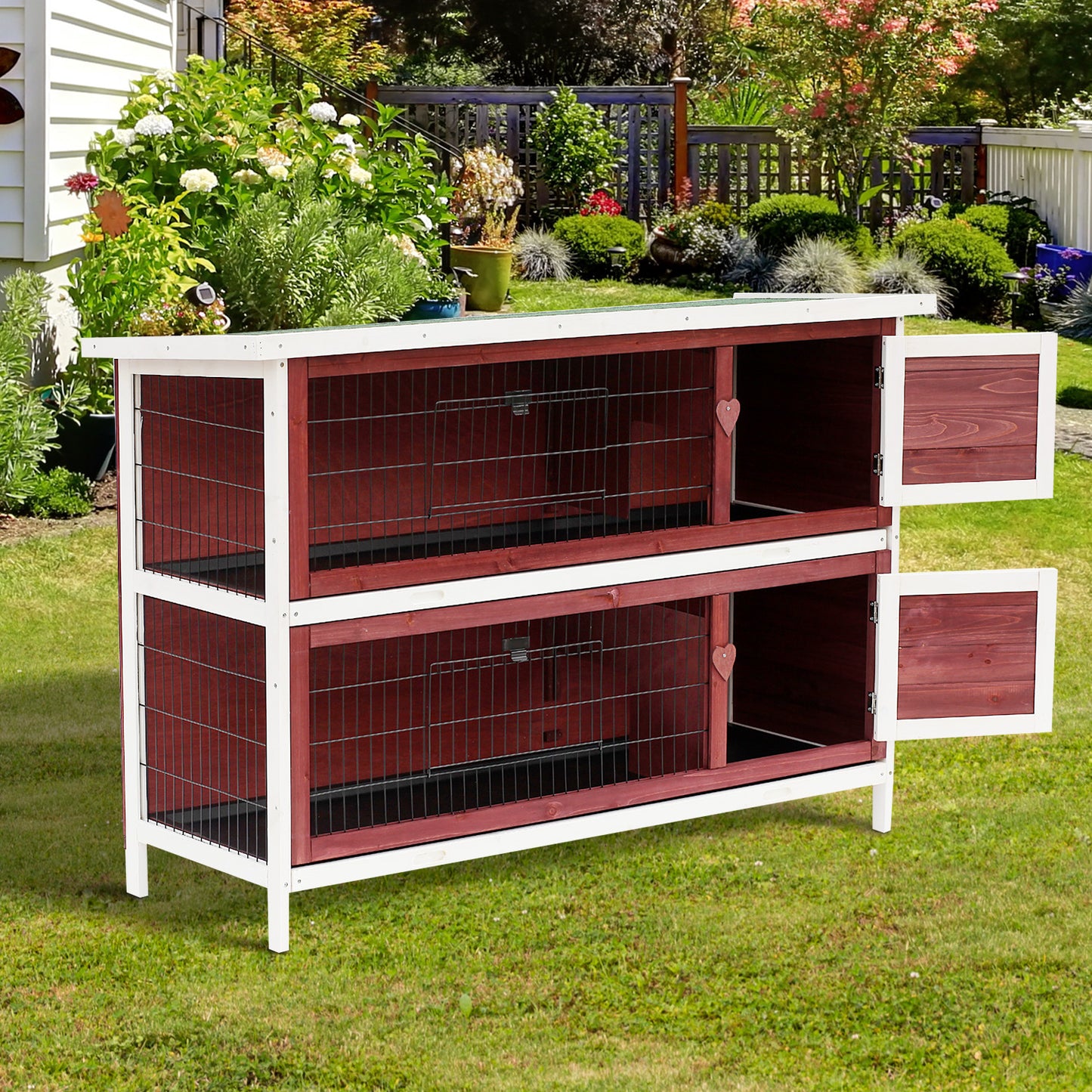 Two Floors Wooden Rabbit Hutch, Rabbit Cage, Guinea Pig Cage, Bunny House Cage, 136.4x50x93cm, Brown, white, Pawhut, 2