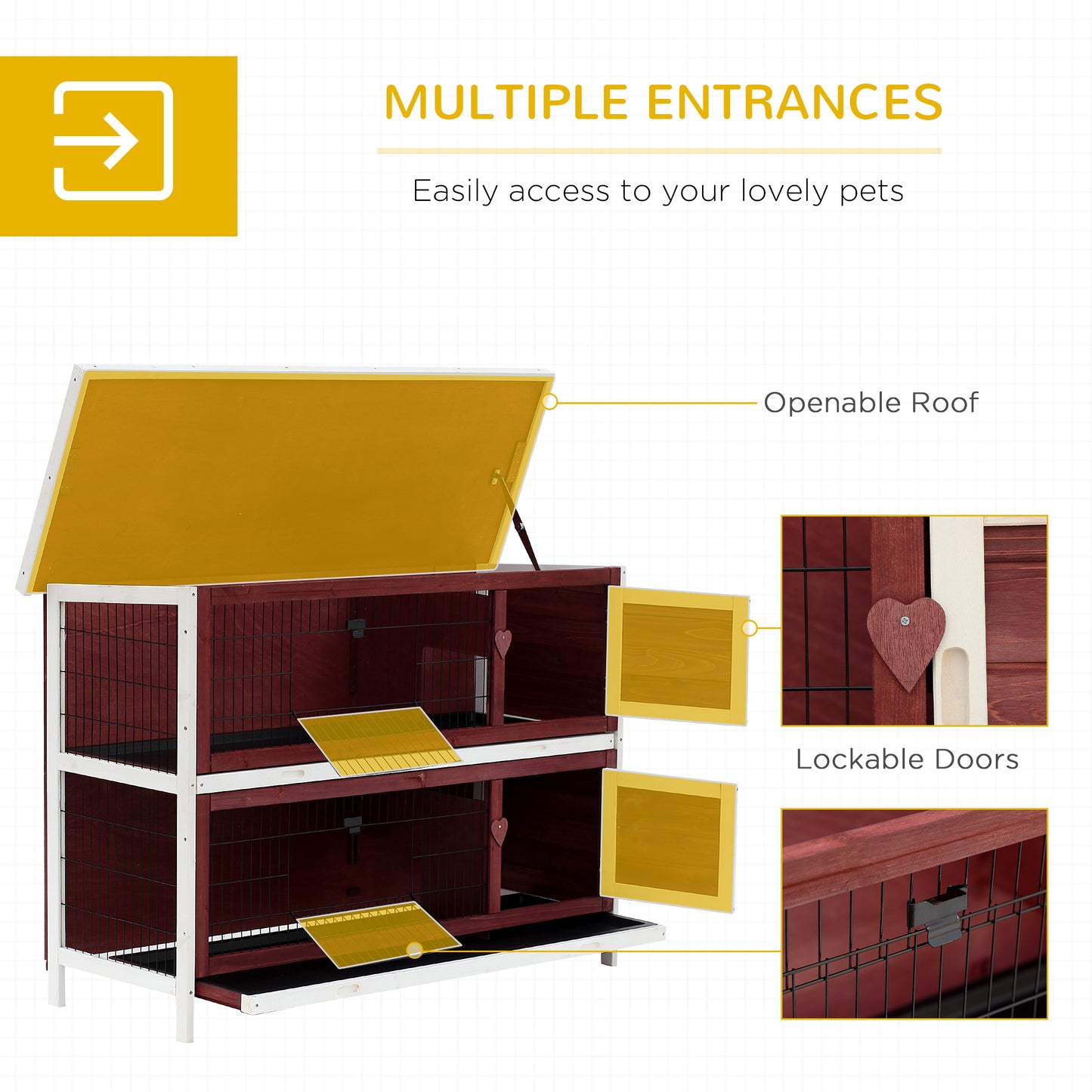 Two Floors Wooden Rabbit Hutch, Rabbit Cage, Guinea Pig Cage, Bunny House Cage, 136.4x50x93cm, Brown, white, Pawhut, 5