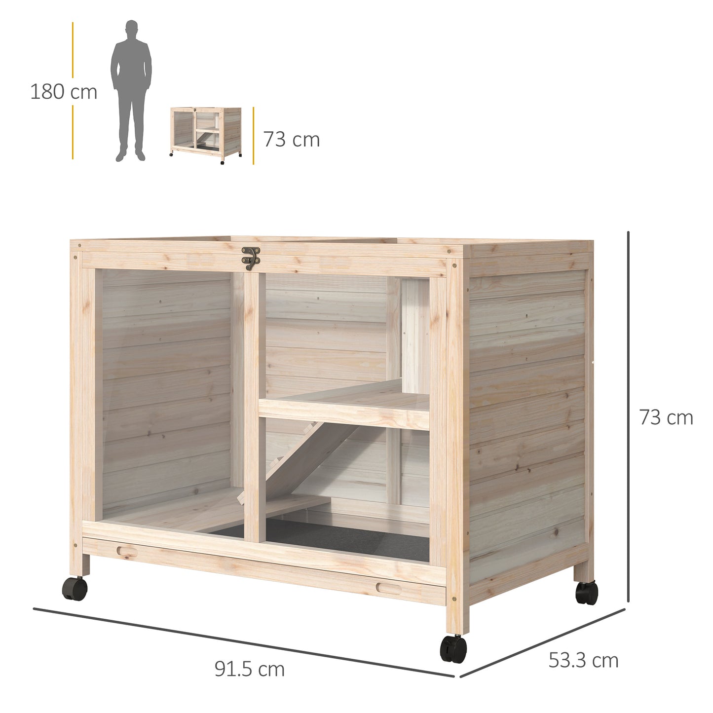 Wooden Rabbit Hutch, Guinea Pigs House, Guinea Pig Cage W/ Pull-out Tray Openable Roof Wheels 91.5 x 53.3 x 73 cm, Pawhut, 3