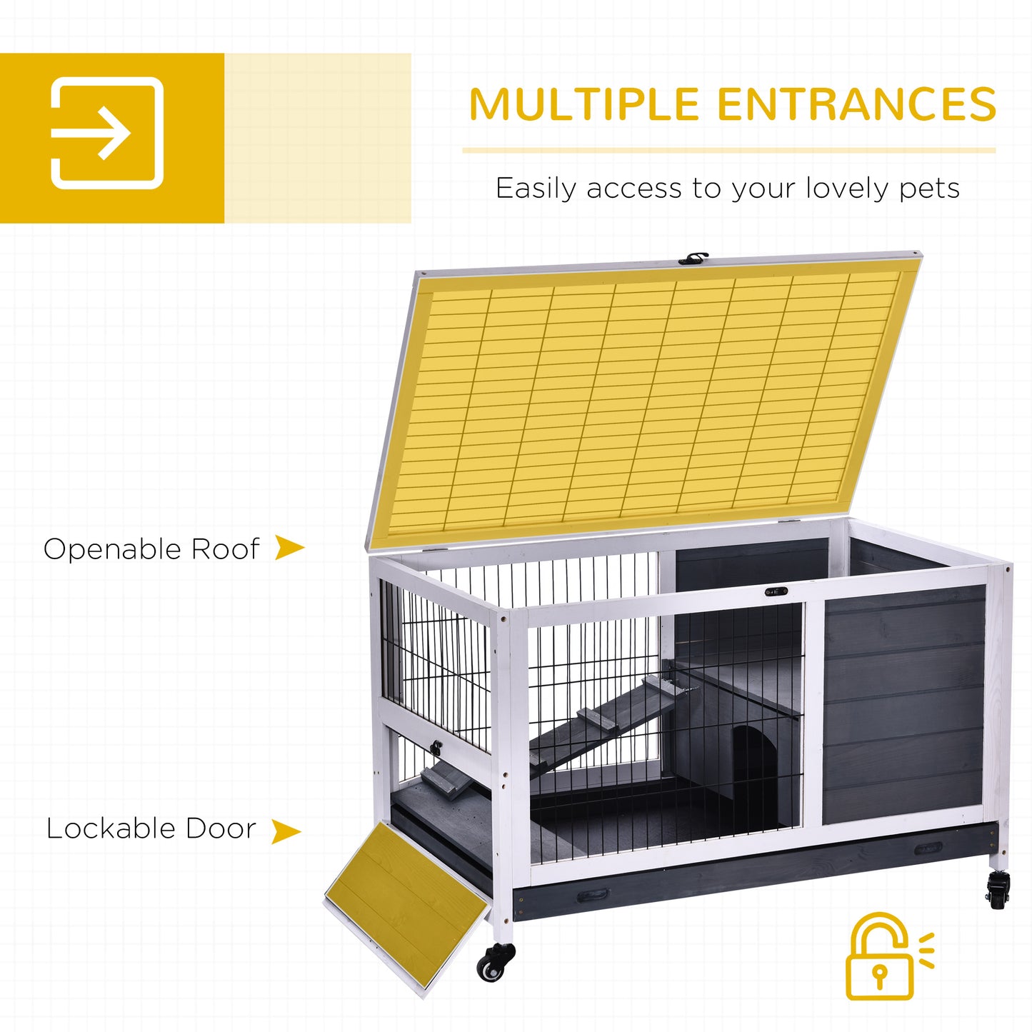 Rabbit Hutch, Rabbit Cage, Guinea Pig Cage, Bunny House Indoor Fir Wood Lift-Top, Grey, Pawhut, 5