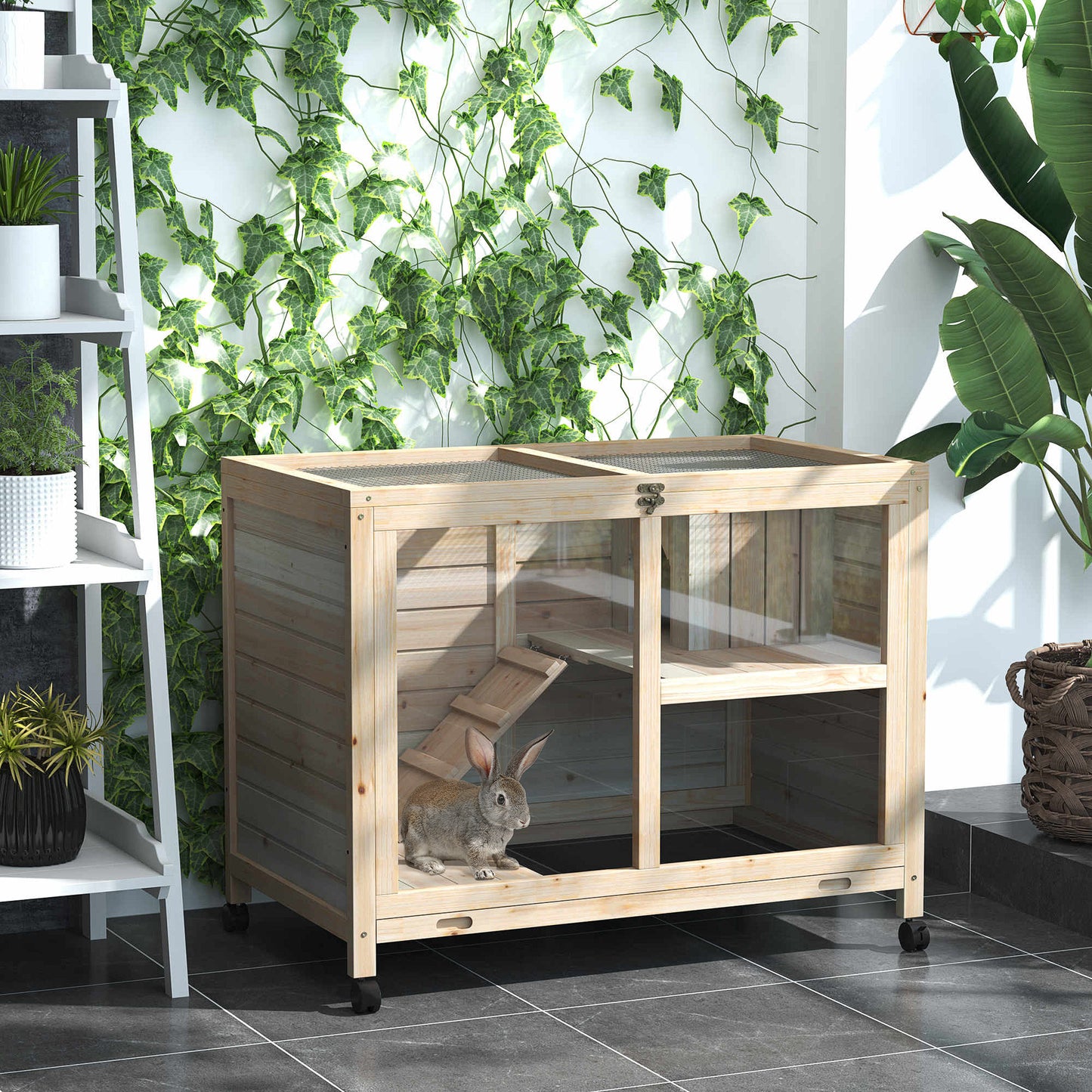 Wooden Rabbit Hutch, Guinea Pigs House, Guinea Pig Cage W/ Pull-out Tray Openable Roof Wheels 91.5 x 53.3 x 73 cm, Pawhut, 2