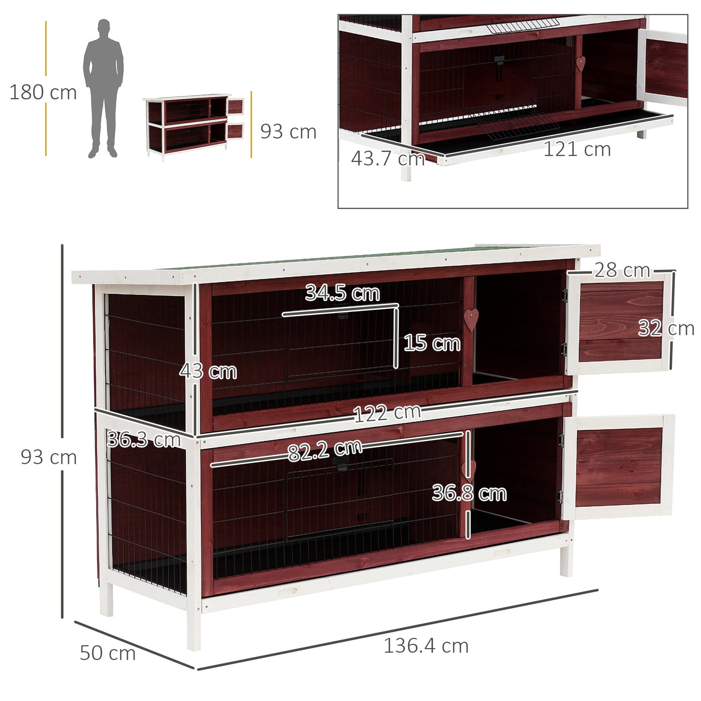 Two Floors Wooden Rabbit Hutch, Rabbit Cage, Guinea Pig Cage, Bunny House Cage, 136.4x50x93cm, Brown, white, Pawhut, 3