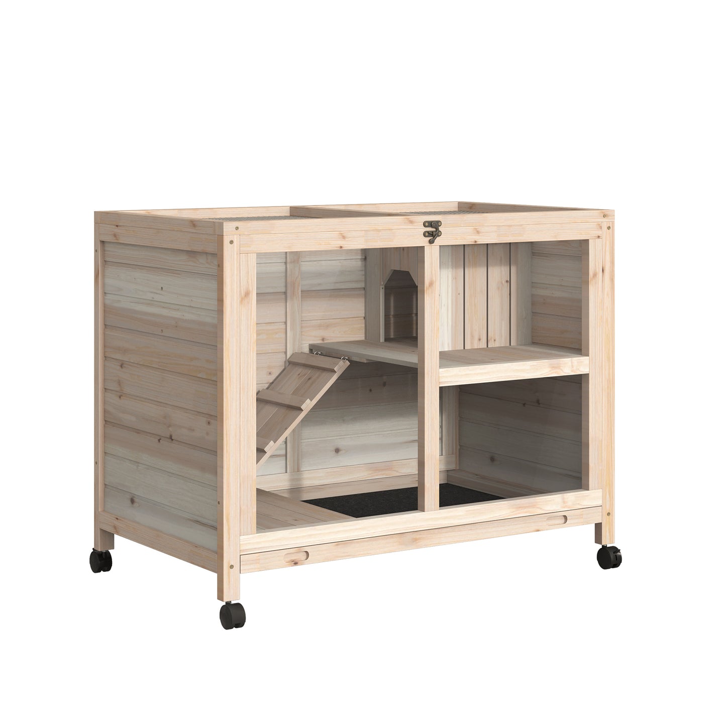 Wooden Rabbit Hutch, Guinea Pigs House, Guinea Pig Cage W/ Pull-out Tray Openable Roof Wheels 91.5 x 53.3 x 73 cm, Pawhut, 1