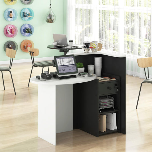 Reception Desk with Lockable Drawer and Adjustable Shelf for Office-Black and White, Costway, 2
