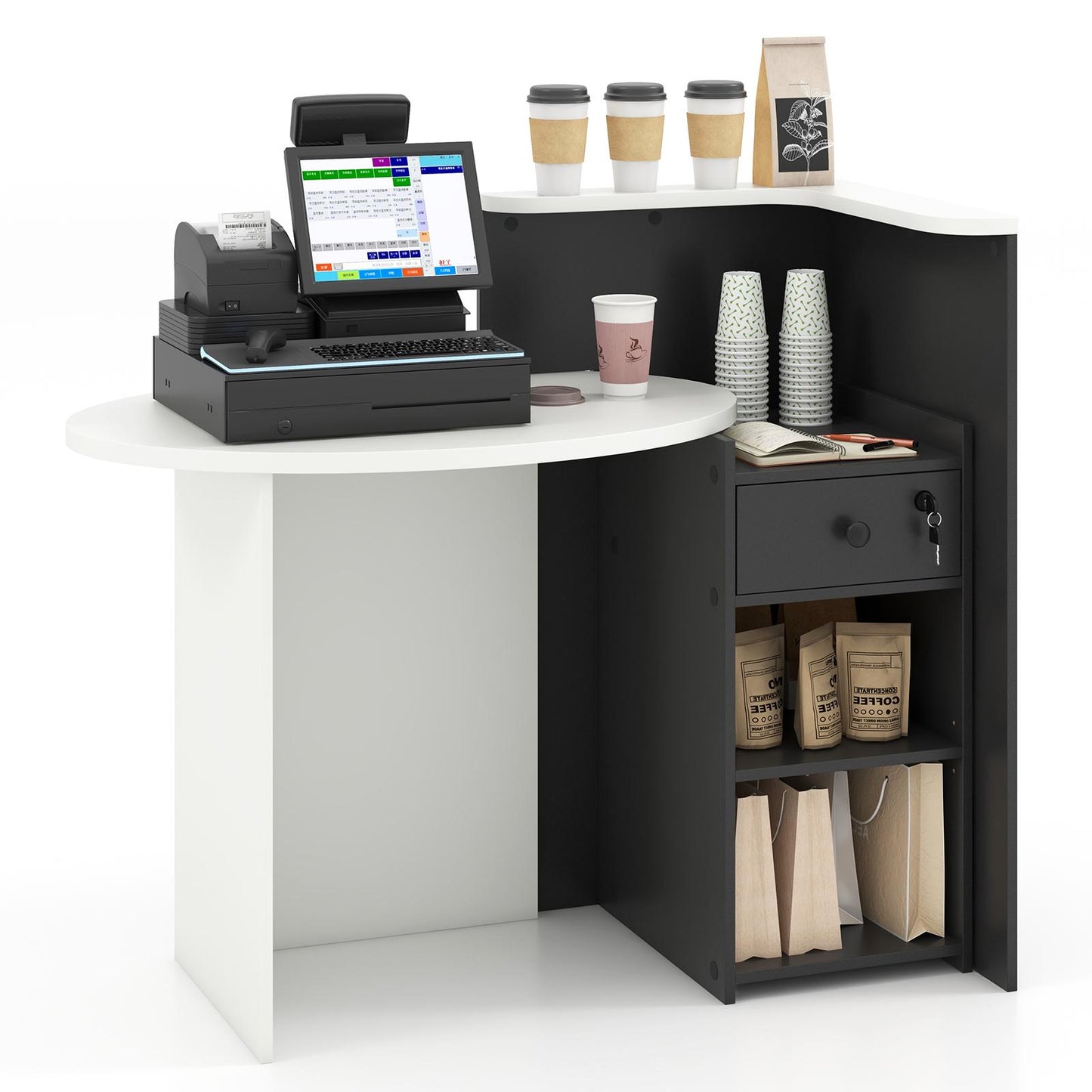 Reception Desk with Lockable Drawer and Adjustable Shelf for Office-Black and White, Costway, 4