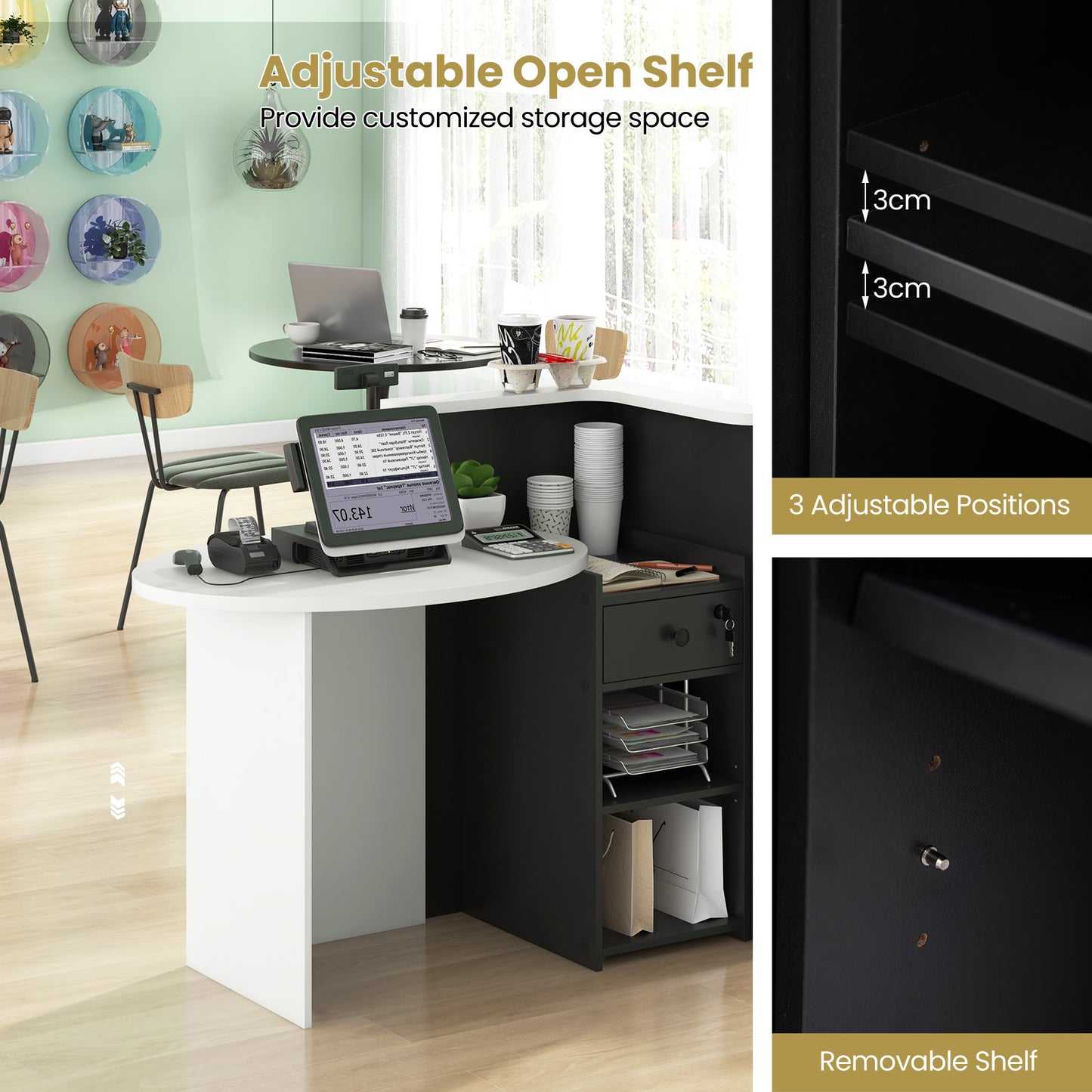 Reception Desk with Lockable Drawer and Adjustable Shelf for Office-Black and White, Costway, 7