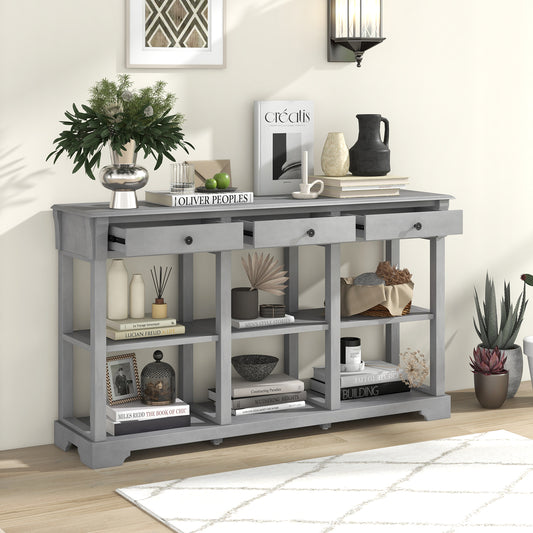 Retro Console Table with 3 Drawers and Open Shelves-Grey, Costway, 2