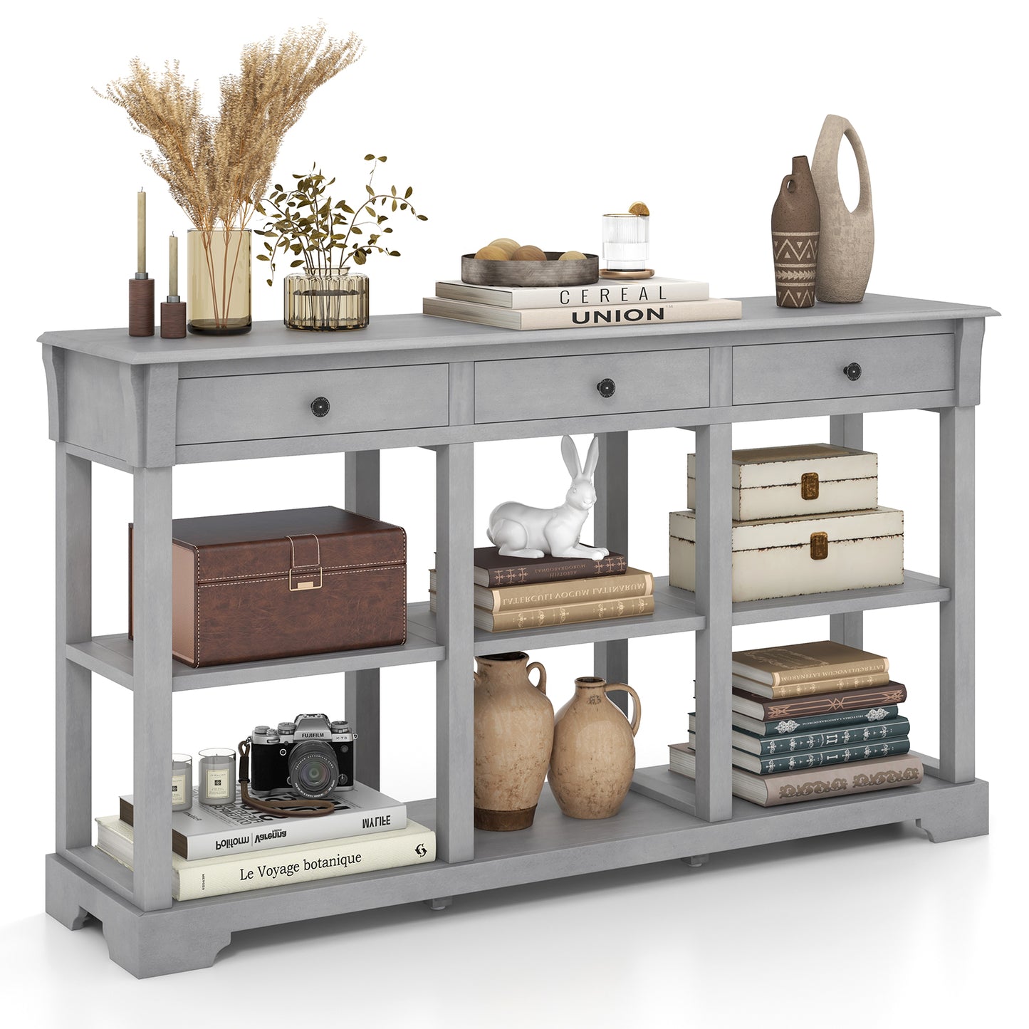 Retro Console Table with 3 Drawers and Open Shelves-Grey, Costway, 7