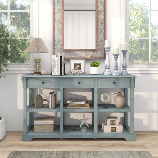 Retro Console Table with 3 Drawers and Open Shelves-Blue, Costway, 2