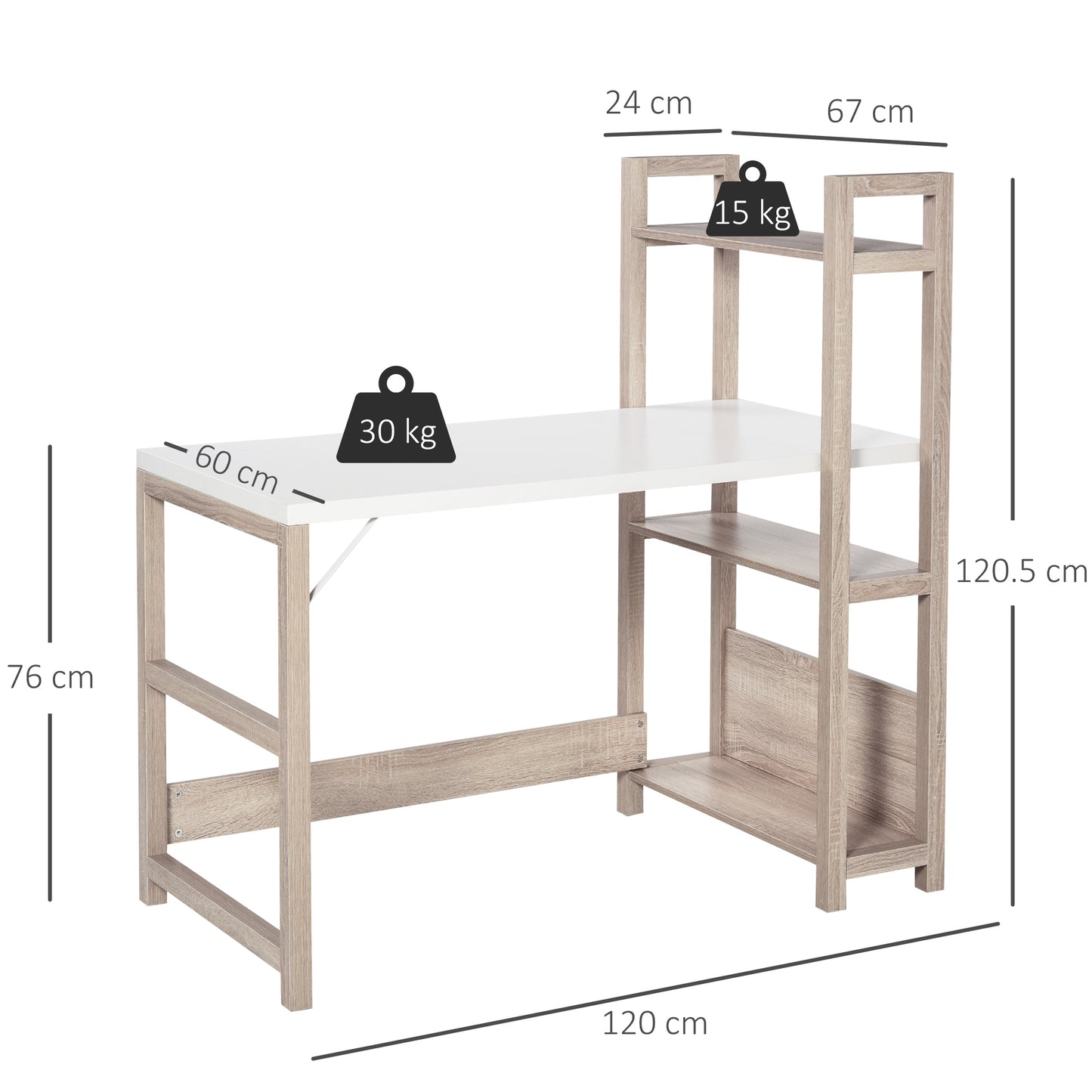 Computer Desk with 3 Tier Storage Shelves on Left or Right, 120cm Writing Table for Home Office, Study, Bedroom, White and Oak, HOMCOM, 3