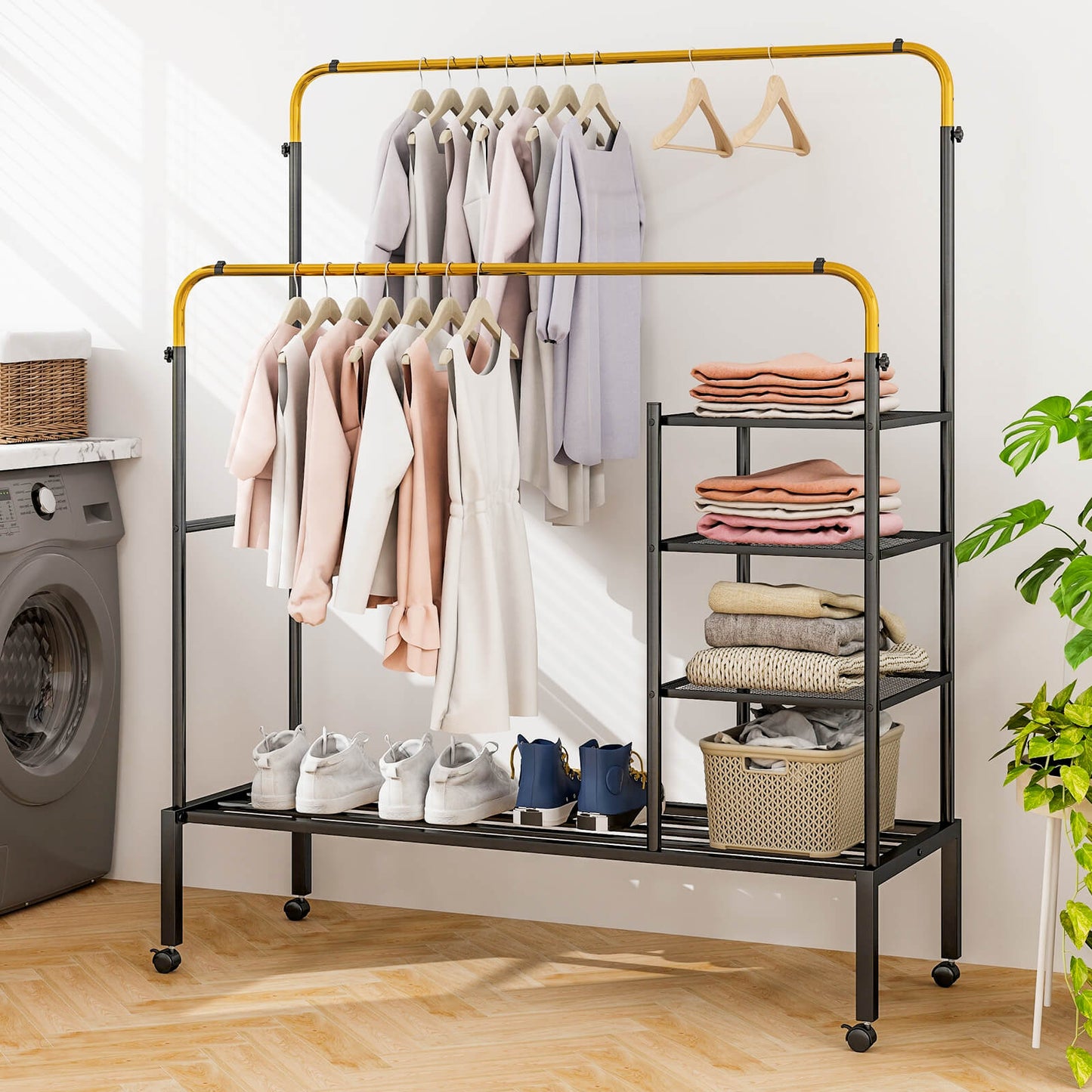 Rolling Clothes Drying Rack with 2 Adjustable Hanging Bars-Black & Gold, Costway, 2