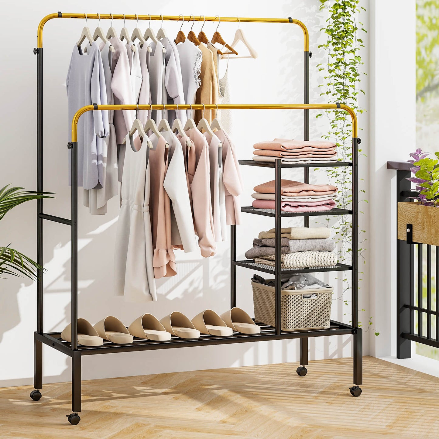 Rolling Clothes Drying Rack with 2 Adjustable Hanging Bars-Black & Gold, Costway, 3