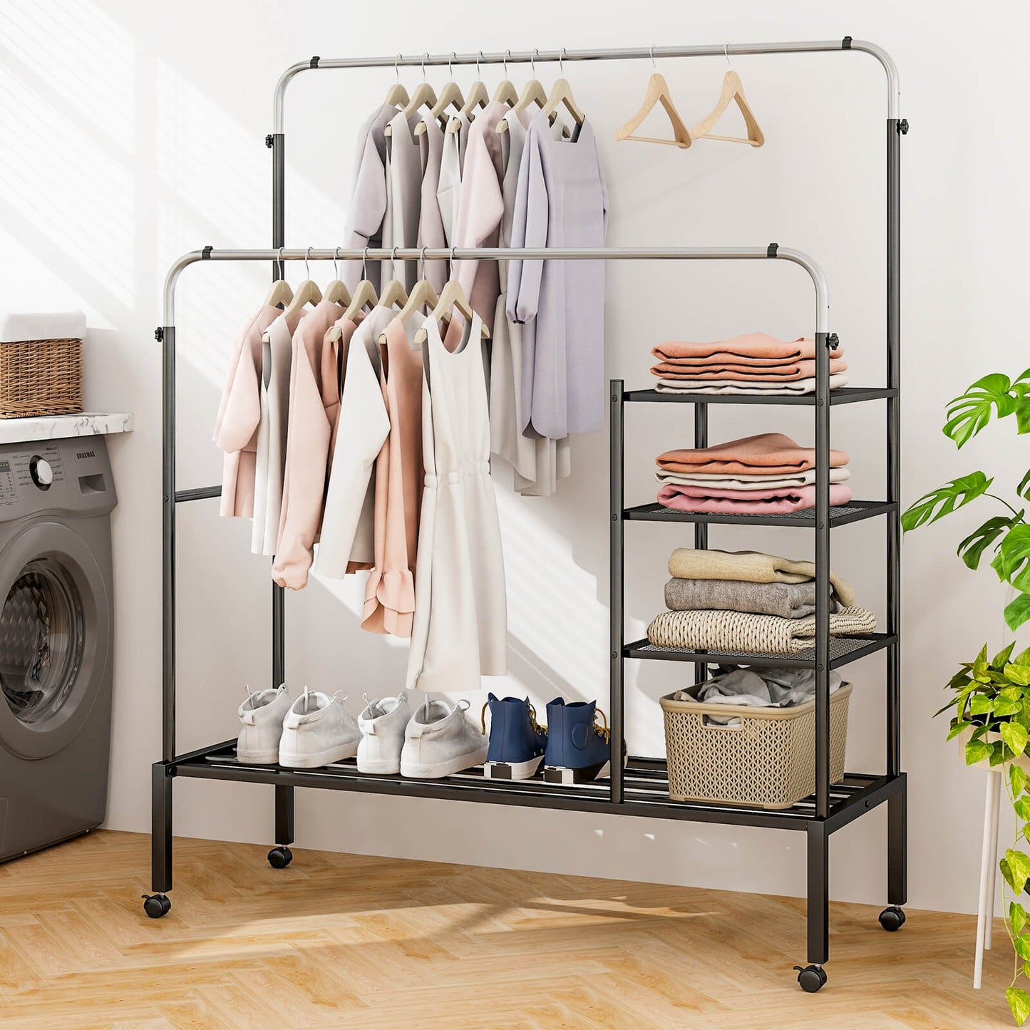 Rolling Clothes Drying Rack with 2 Adjustable Hanging Bars-Black & Silver, Costway, 2