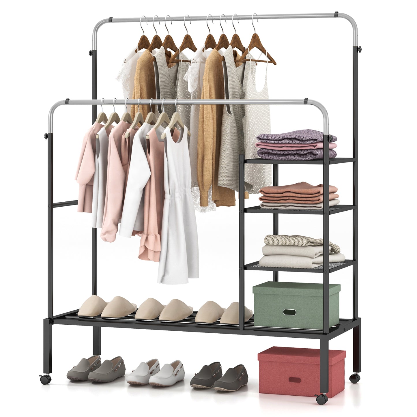 Rolling Clothes Drying Rack with 2 Adjustable Hanging Bars-Black & Silver, Costway, 4