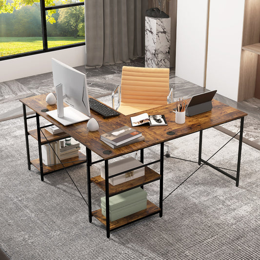 Wooden Industrial L-Shaped Desk with Storage Shelves-Rustic Brown, Costway, 2