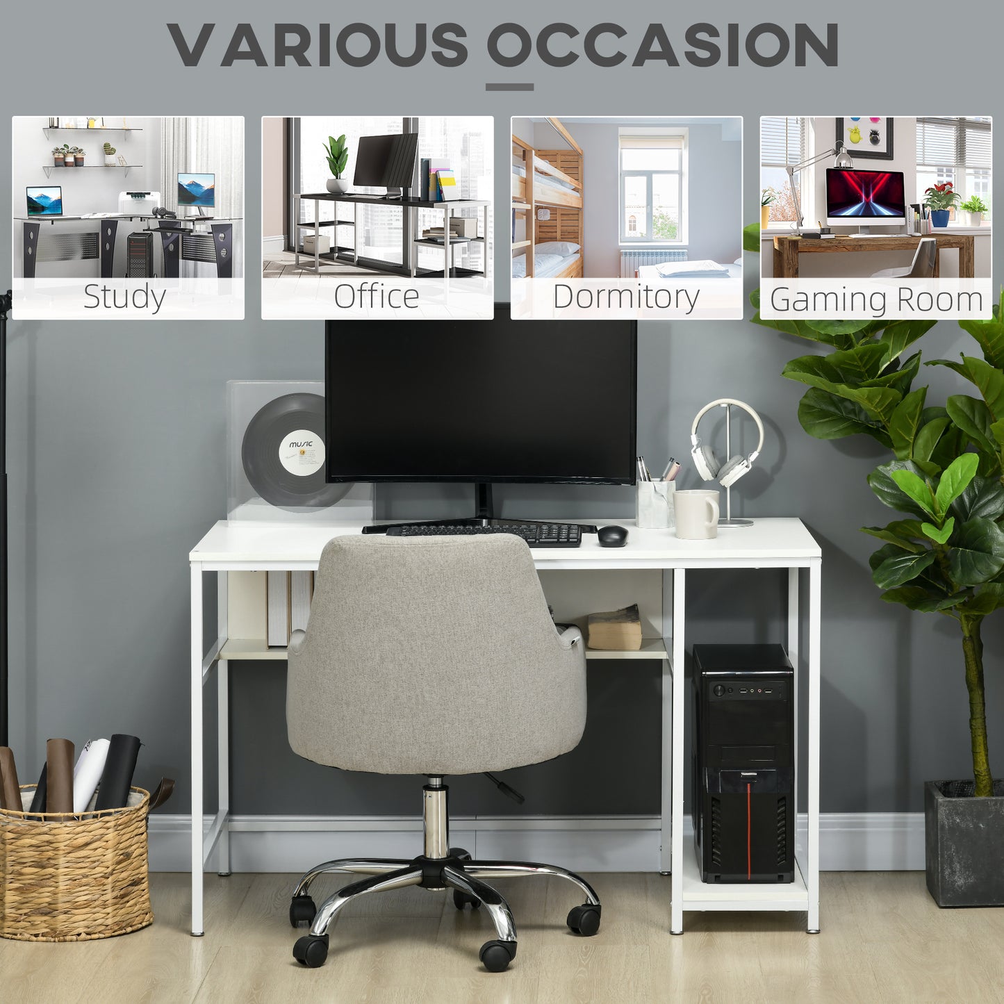 Computer Desk with Storage, 120 x 60cm Home Office Desk with 2 Shelves and Steel Frame, Writing Table for Living Room, Study, White, HOMCOM, 6