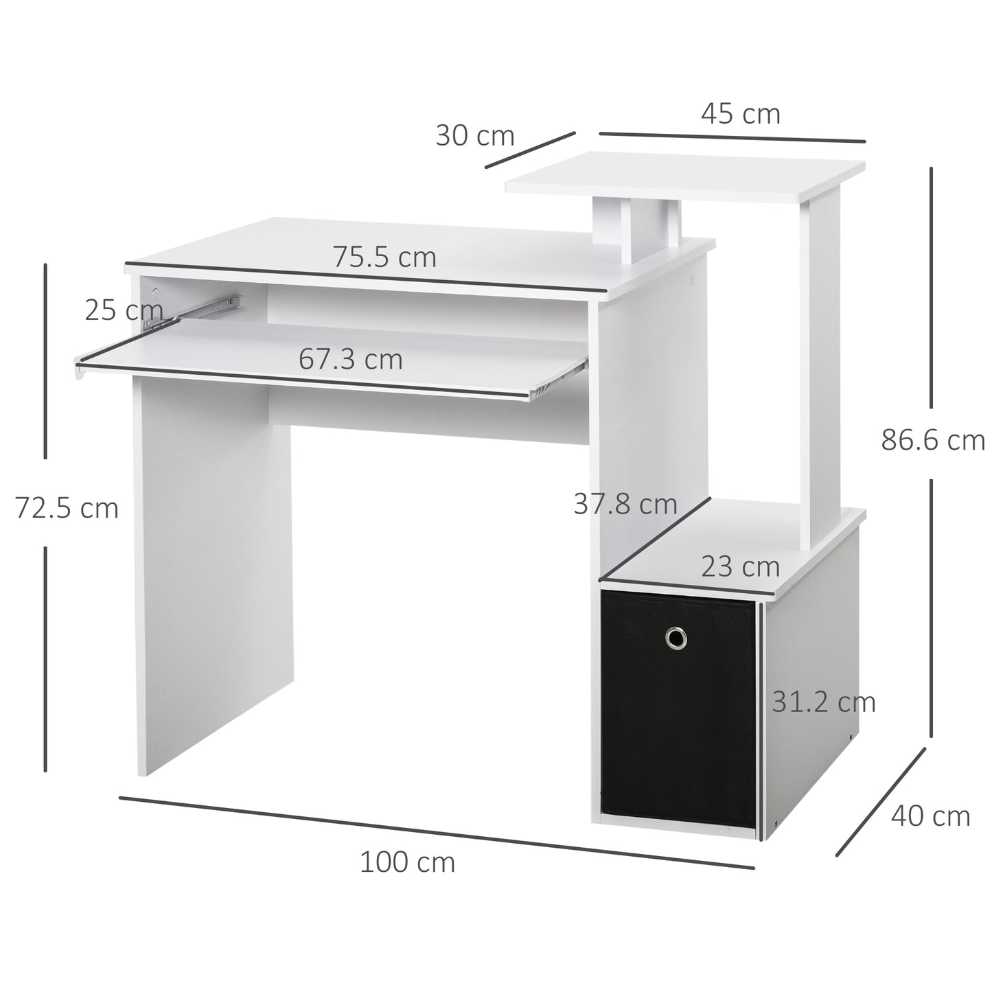 Computer Desk with Sliding Keyboard Tray Storage Drawer Shelf Home Office Workstation White, HOMCOM, 3