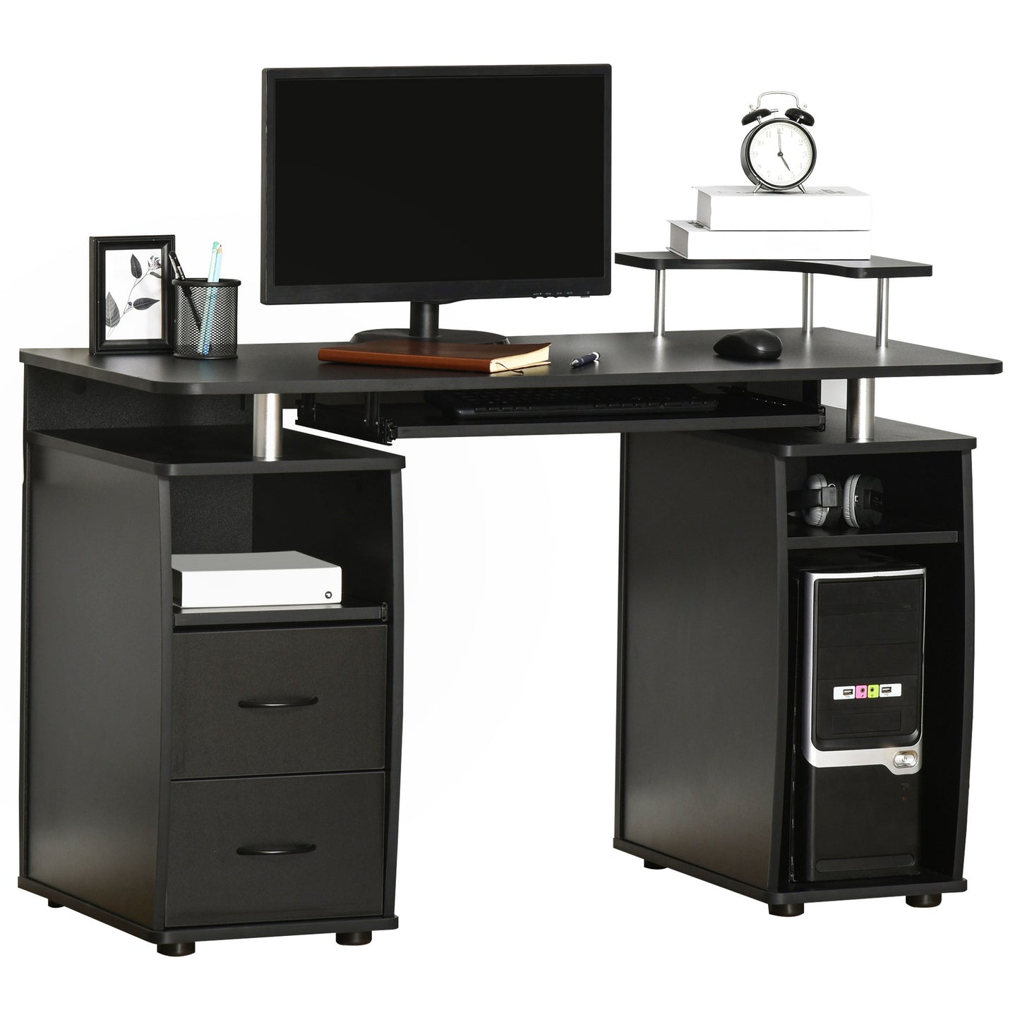 Computer Desk Office PC Table Workstation with Keyboard Tray, CPU Shelf, Drawers, Sliding Scanner Shelf, Black, HOMCOM, 1