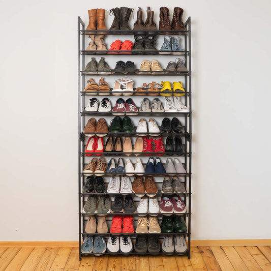 Metal Shoe Rack 12 Shelves Holds 60 Pairs Large Stackable for Large Collections, Black, Tatkraft Eiffel, 2