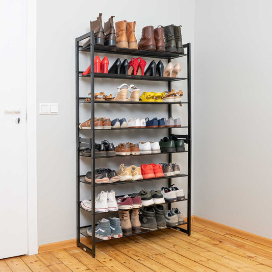 Metal Shoe Rack, 8 Shelves, Holds 40 Pairs, Space Saving, Set of 2 Stackable 4-Tier Shoe Organisers, Adjustable, Black, Tatkraft Giza, 2