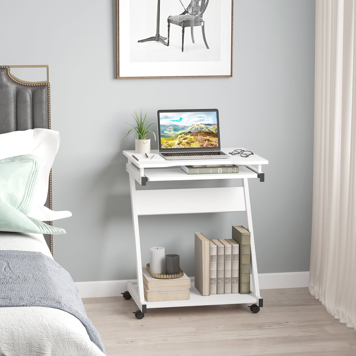 Movable Computer Desk with 4 Moving Wheels Sliding Keyboard Tray Home Office Workstation White, HOMCOM, 2