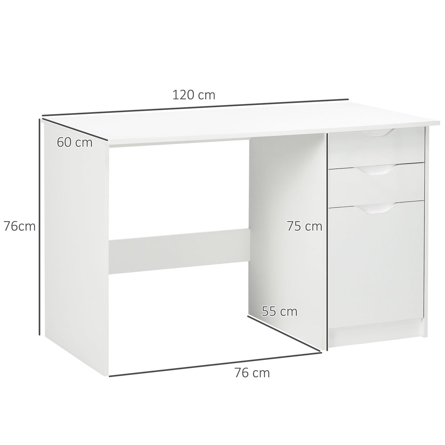 Computer Desk with Drawers, High Gloss Home Office Desk with Storage Cabinet, Study Workstation, 120 x 60cm, White, HOMCOM, 3