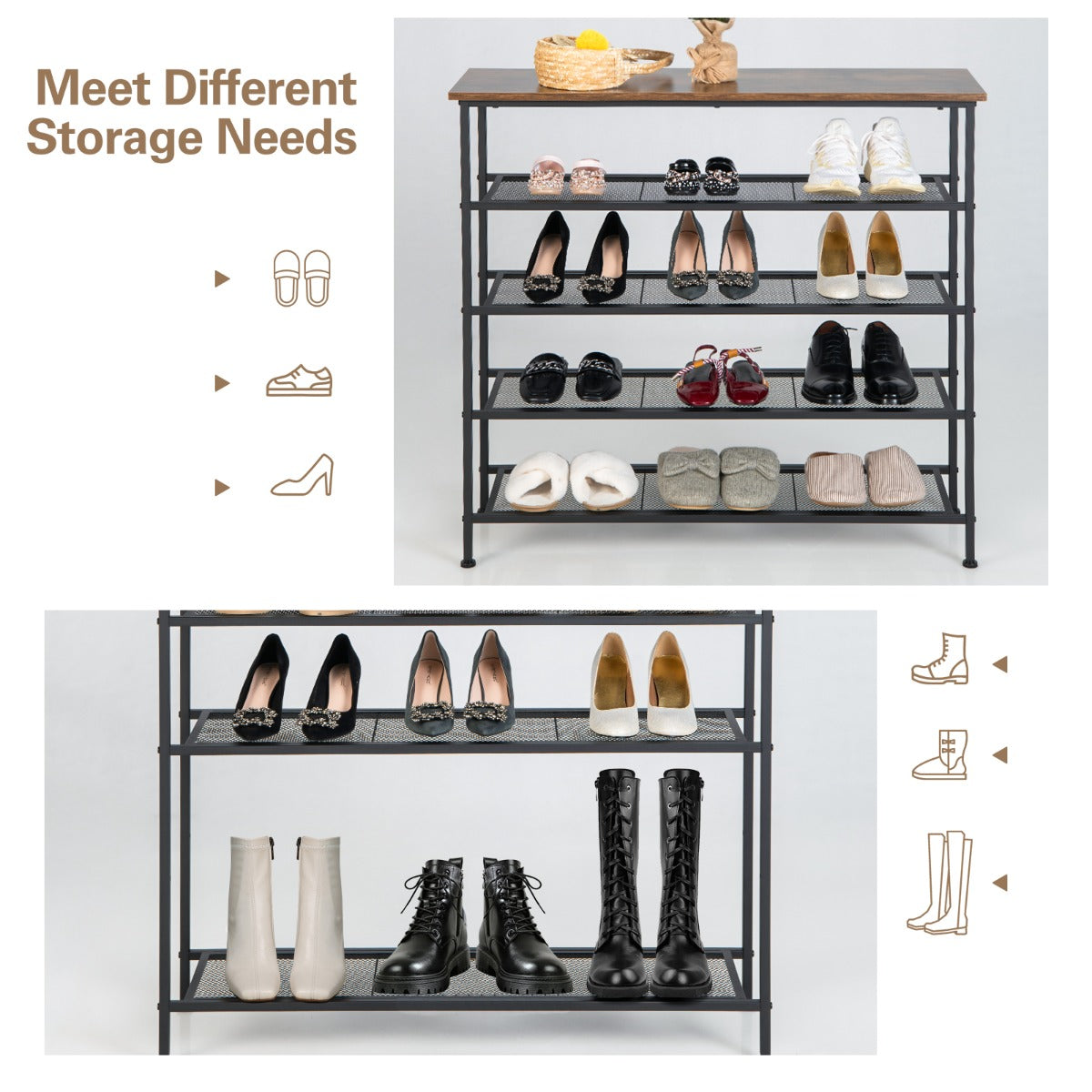 Shoe Rack, 5-Tier, Narrow Shoe Rack, with Metal Mesh Shelves and Wooden Top-Brown, Costway, 7