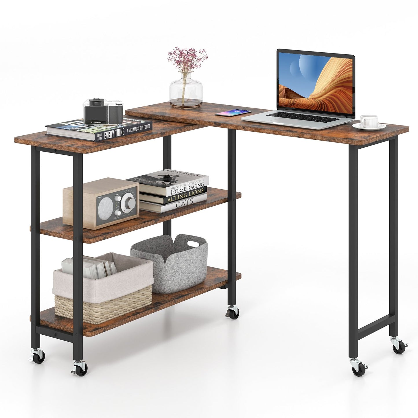 360° Rotating Sofa Side Table Mobile End Table with 2-Tier Storage Shelves-Rustic Brown, Costway, 1