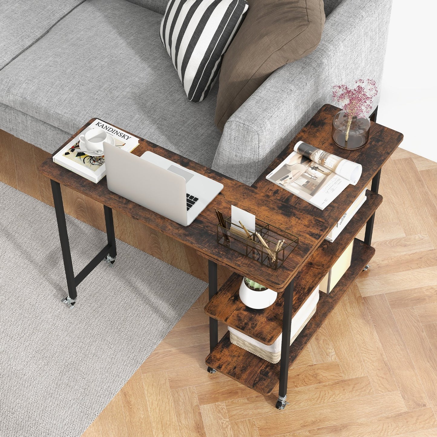 360° Rotating Sofa Side Table Mobile End Table with 2-Tier Storage Shelves-Rustic Brown, Costway, 2
