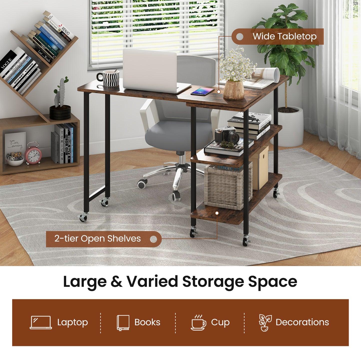 360° Rotating Sofa Side Table Mobile End Table with 2-Tier Storage Shelves-Rustic Brown, Costway, 6