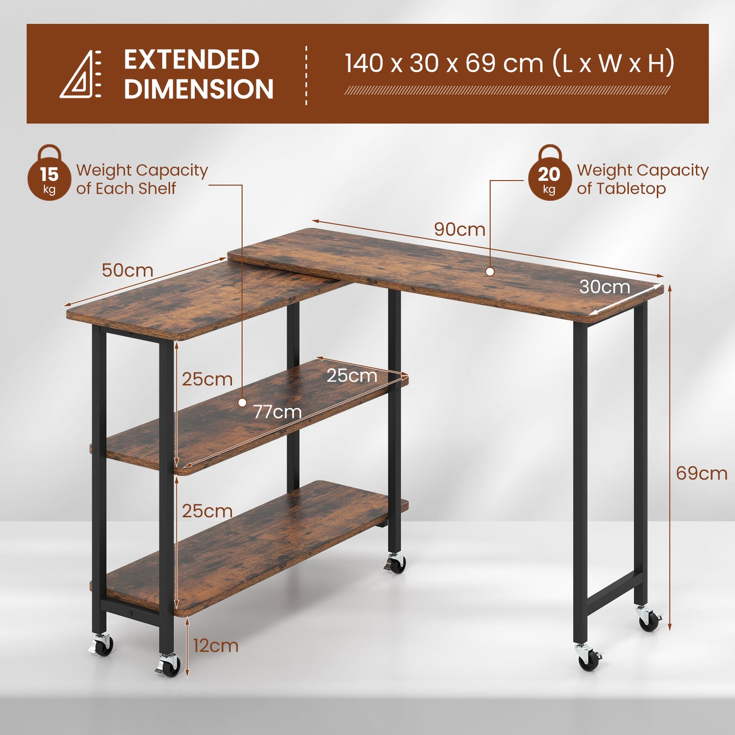 360° Rotating Sofa Side Table Mobile End Table with 2-Tier Storage Shelves-Rustic Brown, Costway, 5