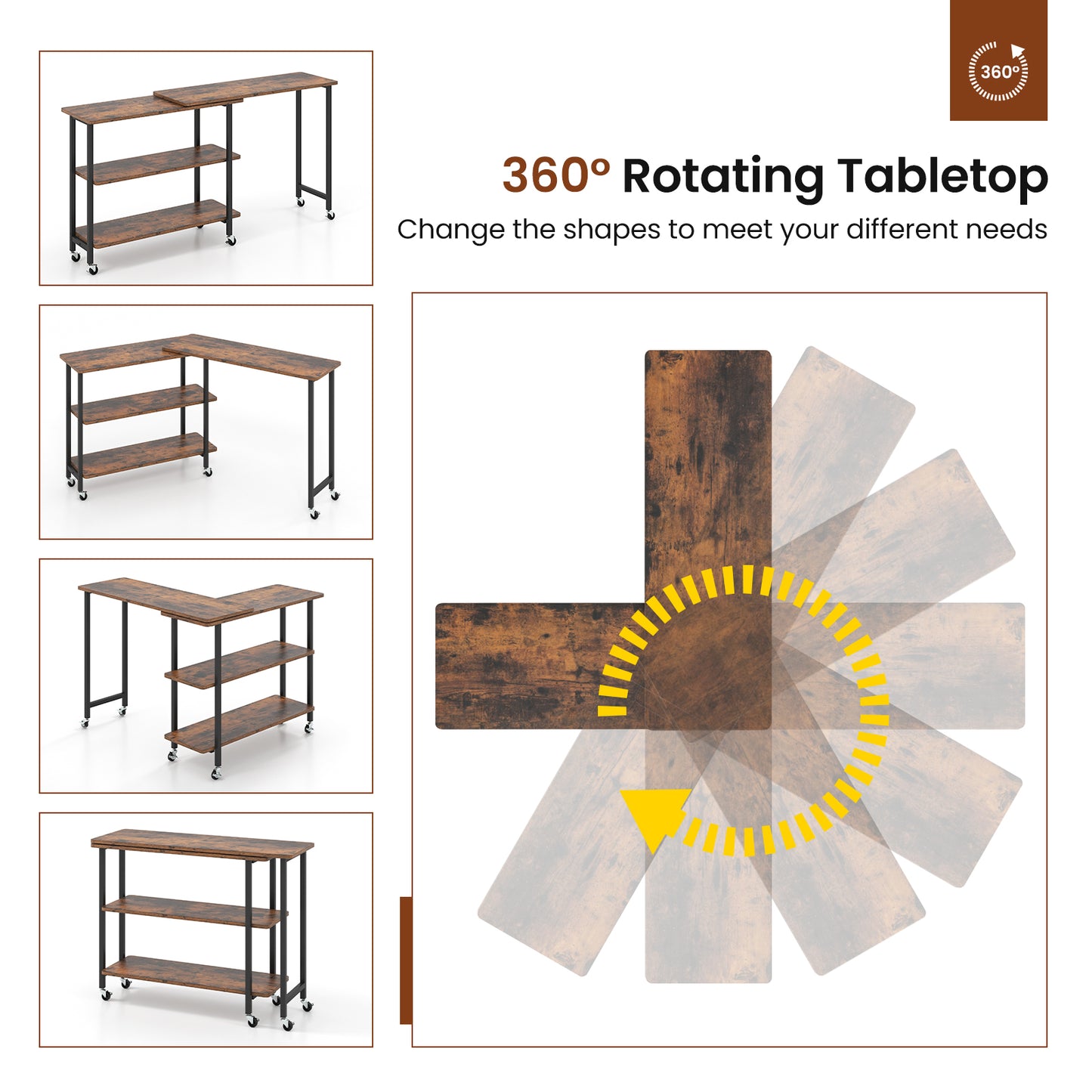 360° Rotating Sofa Side Table Mobile End Table with 2-Tier Storage Shelves-Rustic Brown, Costway, 7