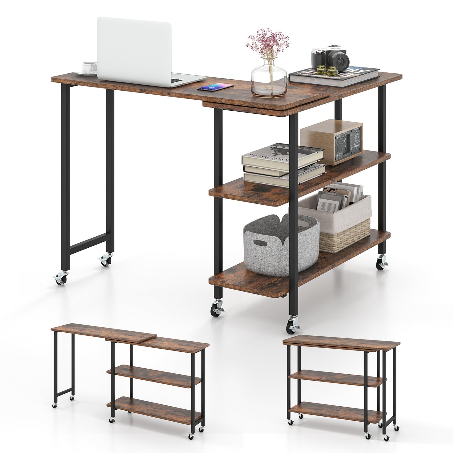 360° Rotating Sofa Side Table Mobile End Table with 2-Tier Storage Shelves-Rustic Brown, Costway, 4